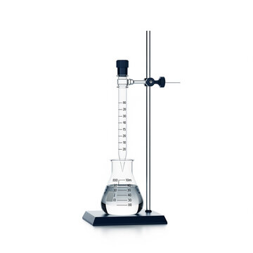 Titration setup with a burette precisely dispensing liquid into an Erlenmeyer flask, ideal for chemistry experiments and lab research.