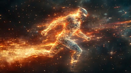A futuristic glowing humanoid figure sprints through the cosmos, surrounded by stardust and energy trails in a digital space odyssey setting.