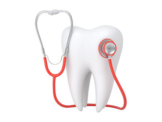 Tooth with stethoscope 3d illustration isolated on transparent or white background, png