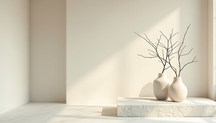 Minimalist room with vase and branch arrangement in soft sunlight. Interior