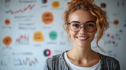 A young professional woman with curly hair and glasses smiles confidently in front of an abstract infographic wall display showcasing data.