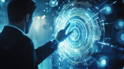 Man interacting with glowing, complex, futuristic holographic interface screen