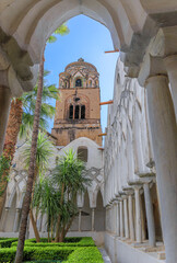 Amalfi Cathedral: view of bell tower from the Cloister of Paradise in southern Italy.