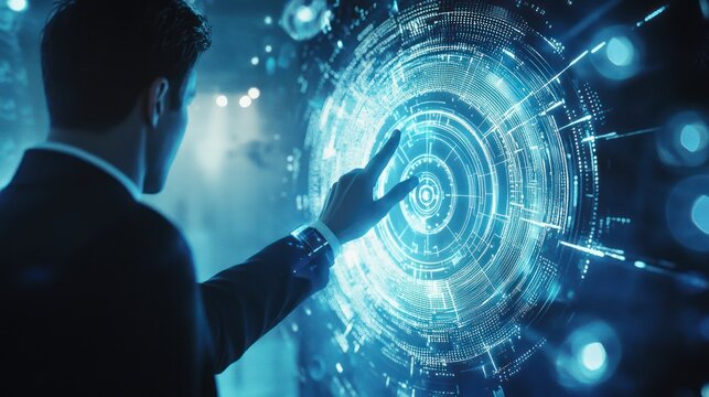 Man interacting with glowing, complex, futuristic holographic interface screen