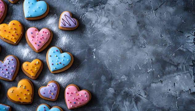 Tasty colourful heart shaped cookies on grey background