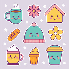 Cute kawaii style stickers with drinks hat flowers and food perfect for various design projects