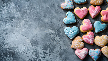 Naklejka premium Tasty colourful heart shaped cookies on grey background