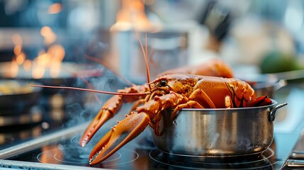 Live lobsters on a kitchen worktable, with pots boiling and kitchen equipment in the background.