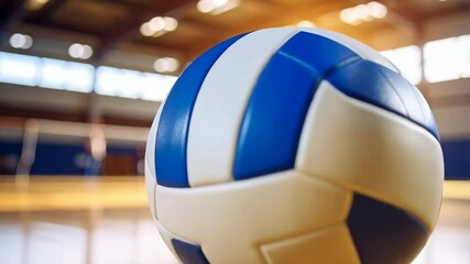 Blue and white volleyball resting on shiny wooden floor in a gymnasium setting, with natural lighting.