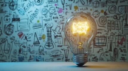 Bright lightbulb illuminating a complex, sketched backdrop, symbolizing innovation and thoughts
