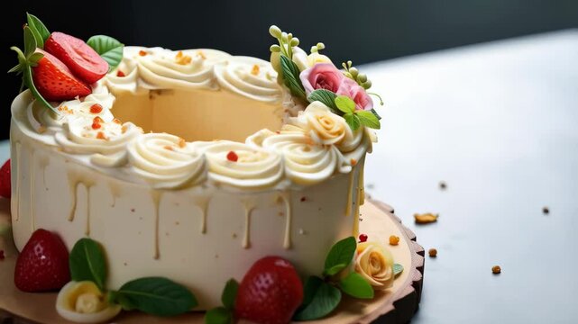 Vanilla buttercream wreath cake with piped rosettes and pale pink and yellow buttercream roses adorned with fresh strawberries on wooden slab minimalistic dessert concept