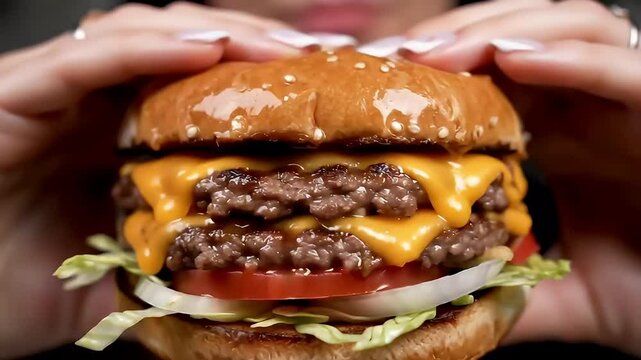 Close-up of person holding a juicy double cheeseburger with layers of melted cheese, lettuce, tomato, and onions on a sesame seed bun