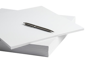Isolated Stack of White Paper with Pen Close-up