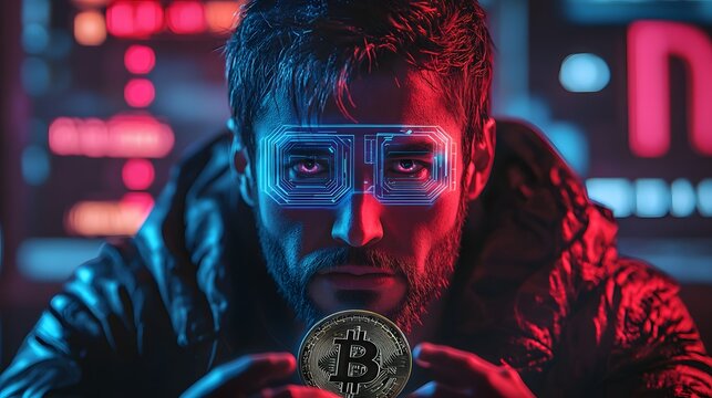 A serious man stares ahead with digital glasses holding a bitcoin with red and blue lights in the background in a futuristic scene.