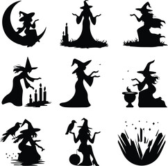 Witch with Crystal Ball Silhouette – Magical Fortune Teller Set Mystic Witch Silhouette – Crystal Ball Psychic Vector Design