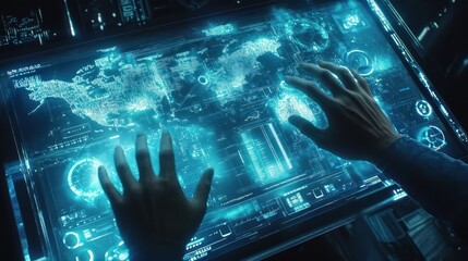 Hands interact with a futuristic touch screen display showing a glowing world map projection