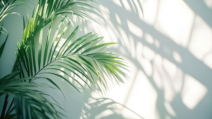 Minimalist white wall with palm leaf shadows background, abstract light texture design for product display, e-commerce visuals, digital media or web banners in natural flat style