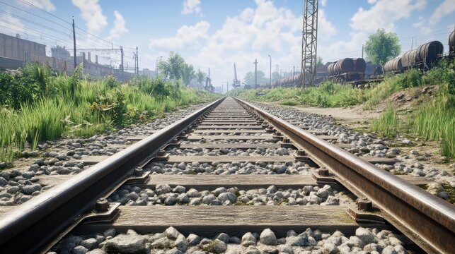 Perspective view along railway tracks, leading toward industrial complex. Sunny day, bright blue sky