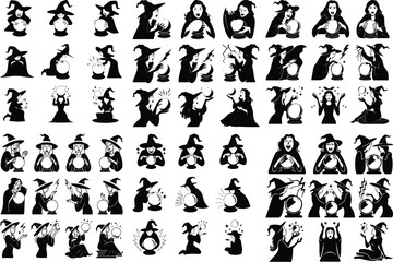 Witch with Crystal Ball Silhouette – Magical Fortune Teller Set Mystic Witch Silhouette – Crystal Ball Psychic Vector Design