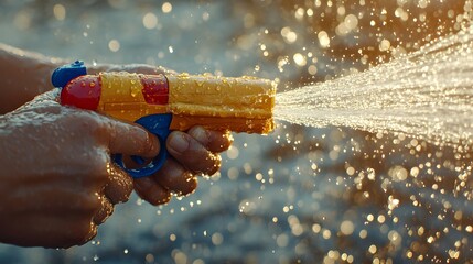 A person's hands hold and shoot a colorful toy water gun with water spraying in front of a blurred out background du a sunny day outside.