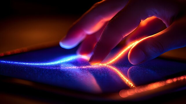 A hand interacts with a digital interface displaying glowing blue and orange light trails on a dark, modern touchscreen device surface.