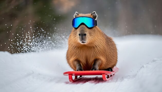 A capybara sliding down a snowy hill on a red sled. The animal wears blue ski goggles, creating a playful winter scene.