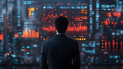 Rear view of a businessman analyzing financial data and stock market trends displayed on multiple digital screens in a modern office setting.