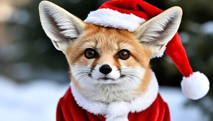 A red fox wearing a Santa hat and a red coat stands in a snowy environment. The fox has large ears and bright eyes, embodying a festive holiday spirit.