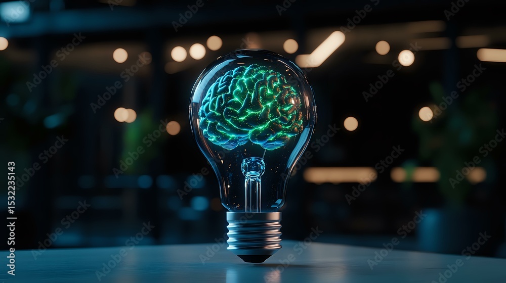 Poster glowing brain inside light bulb on dark background with bokeh lights, creative intelligence concept 