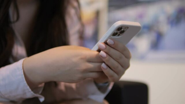 Woman is holding a cell phone in her hand. She is looking at the screen and she is texting or browsing the internet. Concept of modern technology and communication