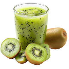 A glass of fresh kiwi smoothie accompanied by whole and halved ripe kiwifruits showing their vibrant green flesh and black seeds. Png, Transparent background.