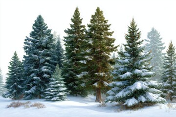 Obraz premium Snowy evergreen trees in winter forest landscape scene