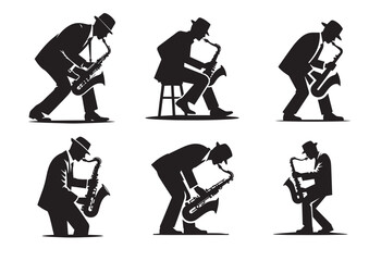 Obraz premium A man playing a saxophone. He is wearing a hat and is bending over Silhouette Vector Set