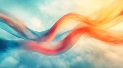Abstract colorful flowing ribbons on a cloudy background creates soft airy feeling with warm hues merging into cool tones seamlessly blending