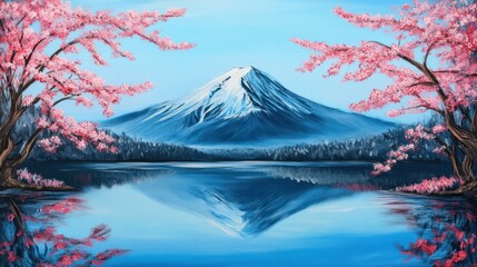 Obraz premium A scenic landscape showing a snow-capped mountain reflected in a serene lake, framed by blooming pink trees