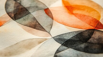 Close-up abstract watercolor painting with earthy autumn palette: Delicate black line art of leaves and flowers on white paper, soft brushstrokes creating serene nature-inspired artwork for packaging,