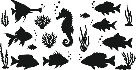 Underwater marine animal silhouette, vector tropical fish, seaweed, seahorse, coral reef clipart, ocean nature design, editable aquatic illustration