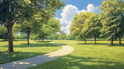 Obraz premium Sunny park with a winding path and green trees under a partly cloudy, blue sky