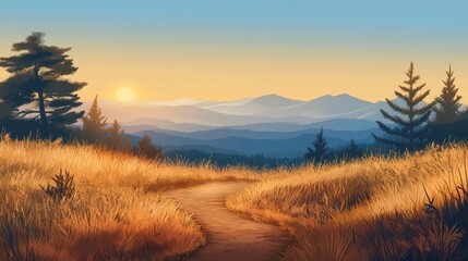 Serene landscape art of a path through golden grasses toward a sunrise and mountains