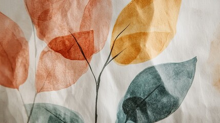 Close-up abstract watercolor painting with earthy autumn palette: Delicate black line art of leaves and flowers on white paper, soft brushstrokes creating serene nature-inspired artwork for packaging,