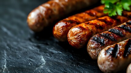 Fototapeta premium Grilled sausages with grill marks on dark stone background. Juicy bratwurst with charred exterior and fresh herbs, macro food photography for menu design.