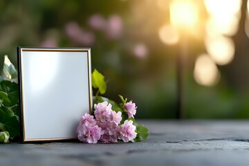 Empty gold photo frame with pink cherry blossoms on gray concrete surface against blurred garden background with warm sunset bokeh lights.