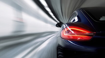 A car driving in a tunnel, close-up of the rear lights and side body with a motion blur effect. Electric vehicle concept car in the style. Blue in color.