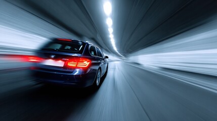 Obraz premium A car driving in a tunnel, close-up of the rear lights and side body with a motion blur effect. Electric vehicle concept car in the style. Blue in color.