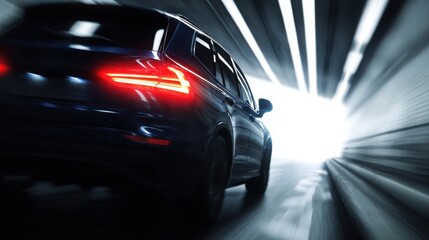 A car driving in a tunnel, close-up of the rear lights and side body with a motion blur effect. Electric vehicle concept car in the style. Blue in color.