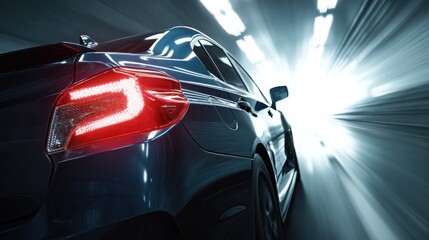 A car driving in a tunnel, close-up of the rear lights and side body with a motion blur effect. Electric vehicle concept car in the style. Blue in color.