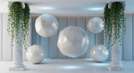 Minimalist interior scene showcasing geometric spheres and marble columns adorned with ivy, creating a clean and modern atmosphere suitable for product display or advertising