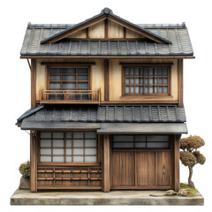 A traditional two-story Japanese wooden house with shoji screens, a tiled roof, and a small balcony on the upper floor. Png, Transparent background.