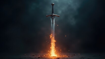 Naklejka premium Fantasy medieval sword flaming ground dark background epic battle game