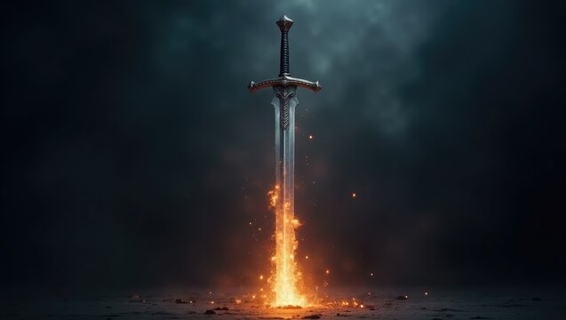 Fototapeta Fantasy medieval sword flaming ground dark background epic battle game